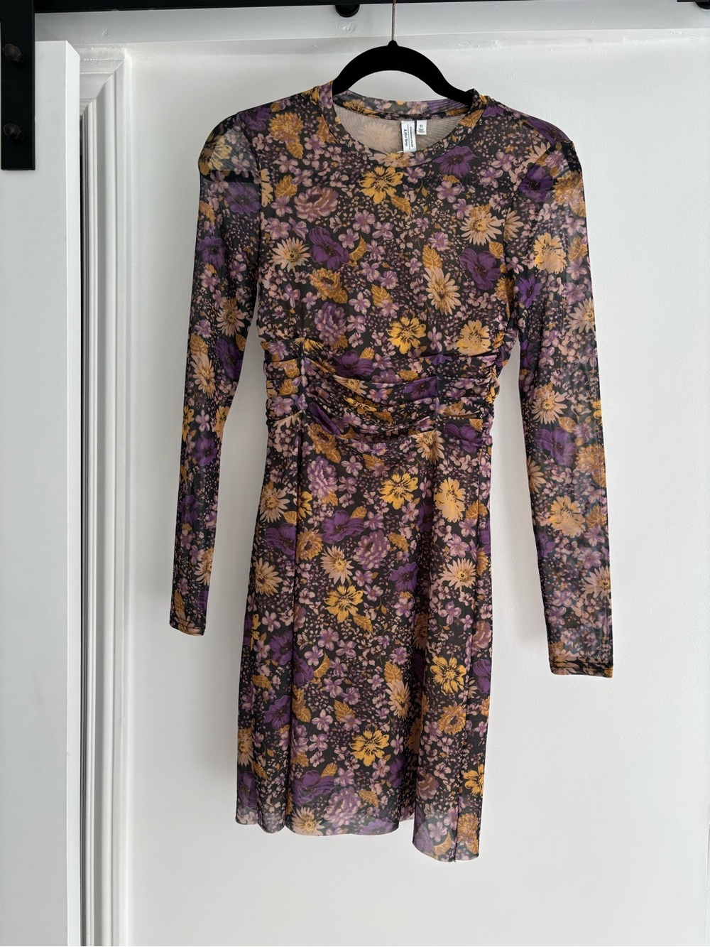 & Other Stories Purple and Mustard Floral Long-Sleeve Mesh Dress
